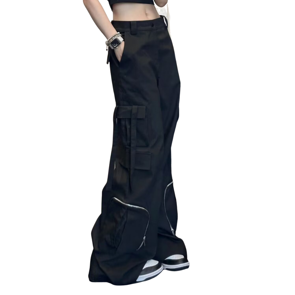 Women's American Solid Color Multi-Pocket Pants