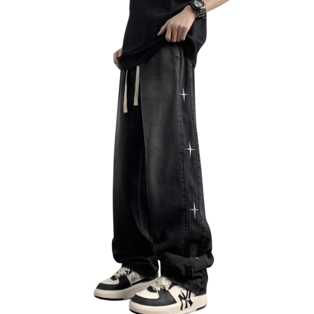 Distressed Side Star Embroidery Jeans