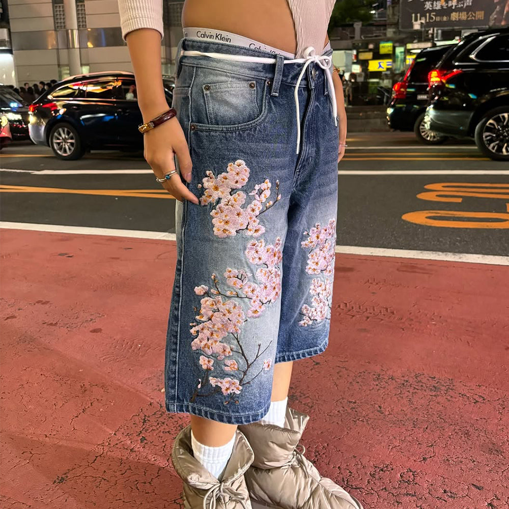 Evokyn Embroidered White Sakura Blossom Floral Denim Shorts