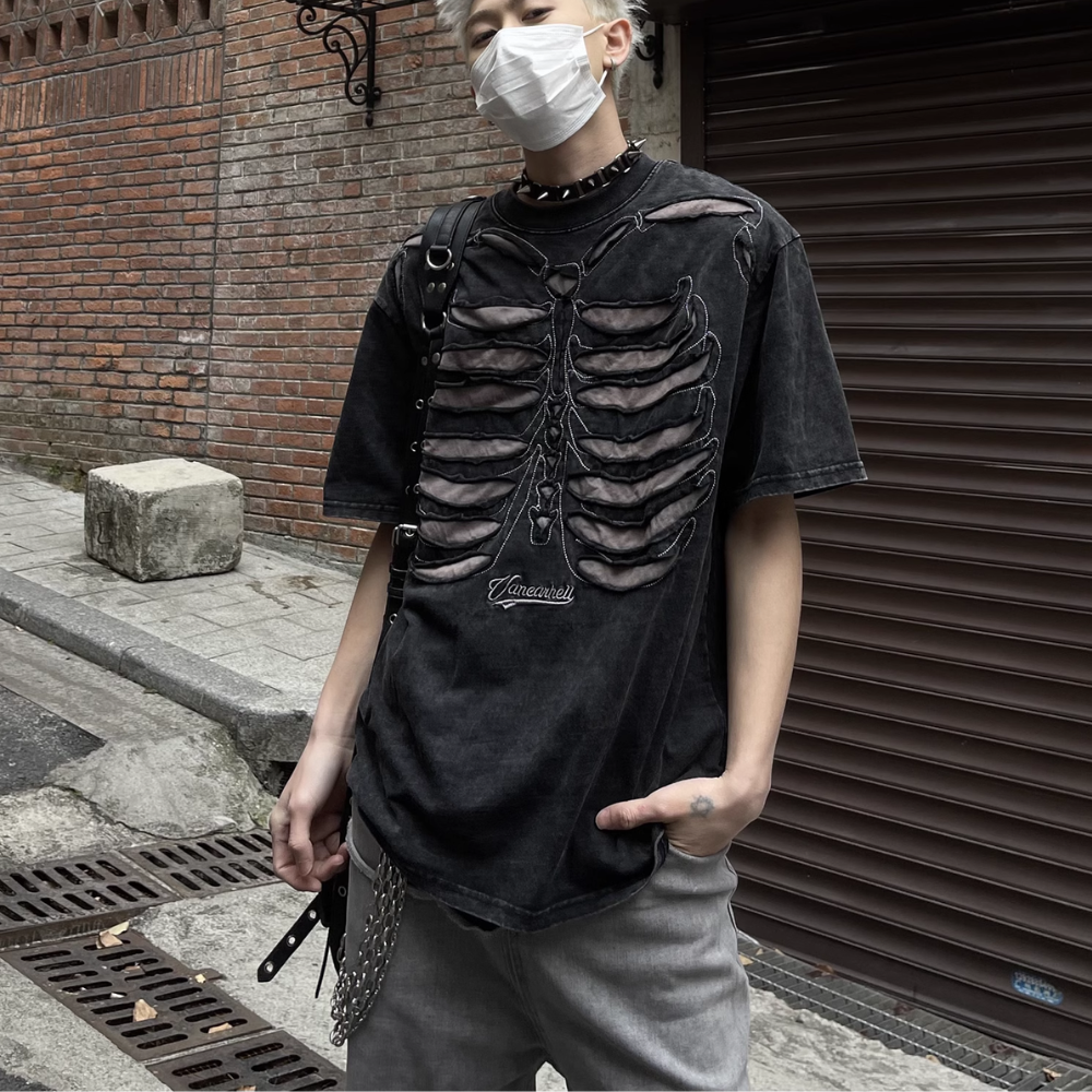 Retro Skeleton Hole Embroidery Oversize T-shirt