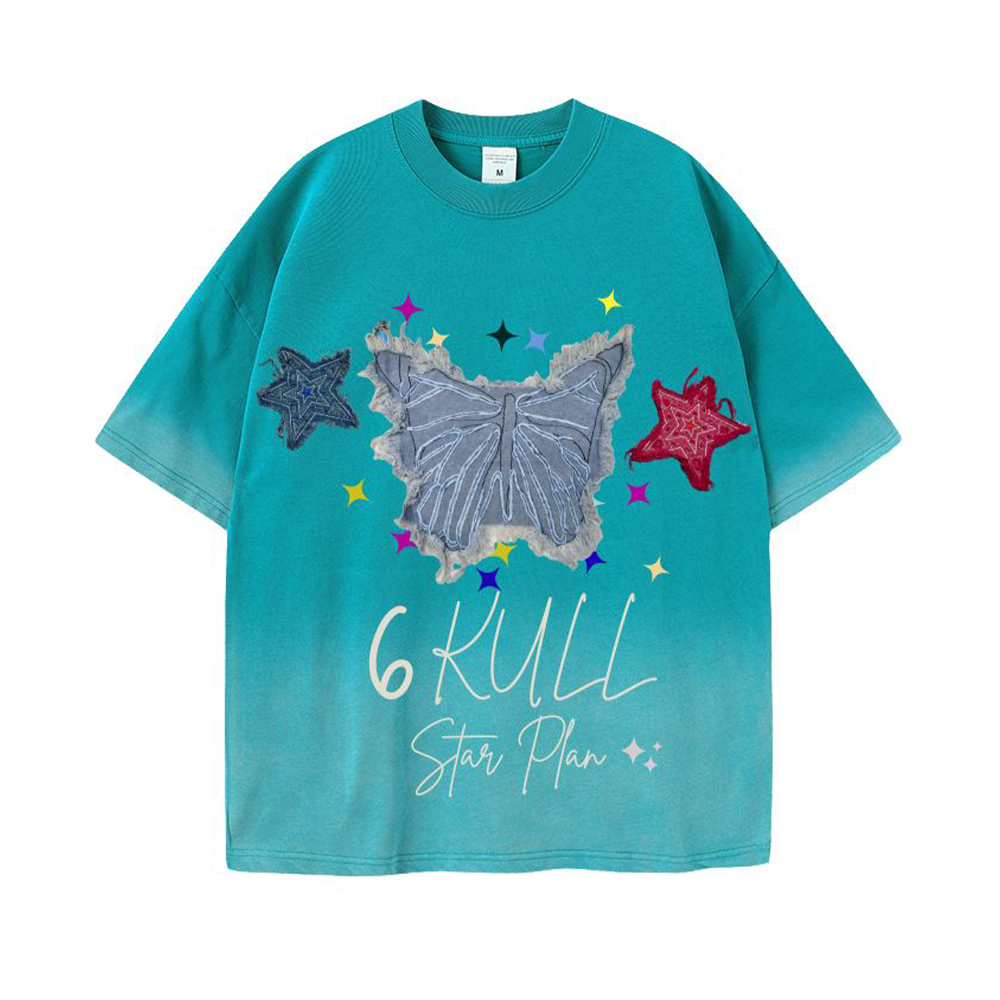 6Kull Star Plan Butterfly Denim Washed T-Shirt