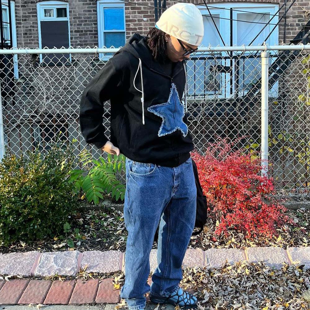 Retro Star Patchwork Denim Hoodie