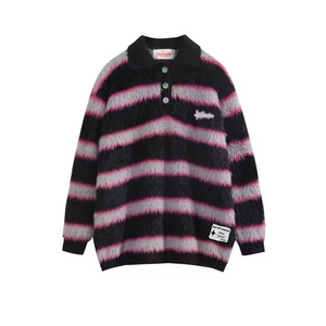 OOC' Vintage Loose Mink Polo Collar Striped Sweater