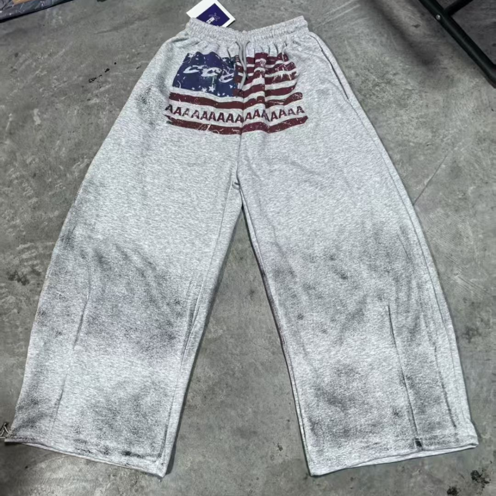 Unseen Echoes Washed Grey Sweatpants – Distressed USA Flag Print