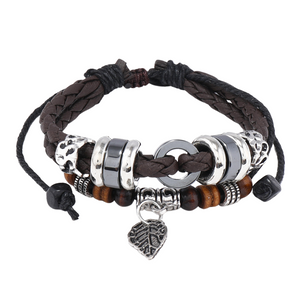 Korean Woven Leaf Pendant Leather Bracelet