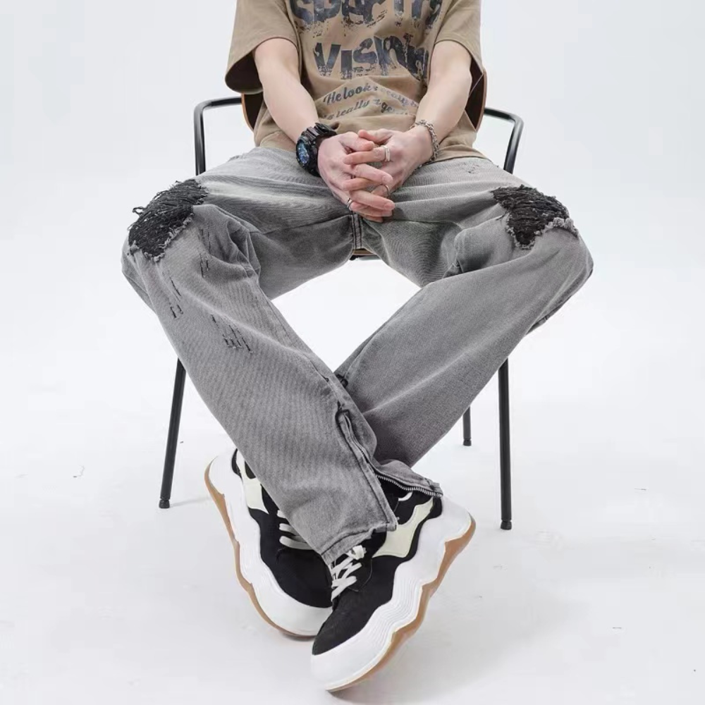 American High Street Washed Gray Ripped Zipper Micro Slit Pants