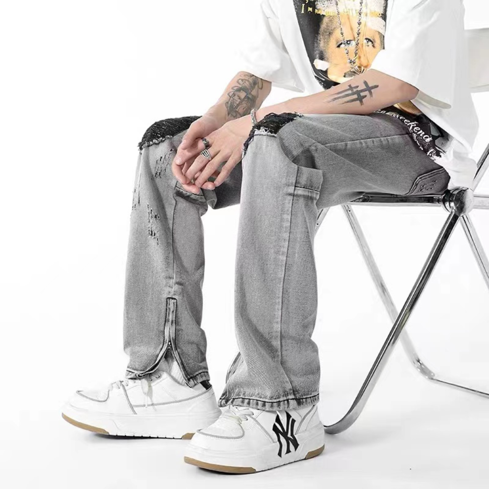 American High Street Washed Gray Ripped Zipper Micro Slit Pants