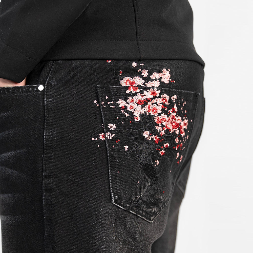 Evokyn Embroidered Pink Sakura Blossom Black Denim Jean