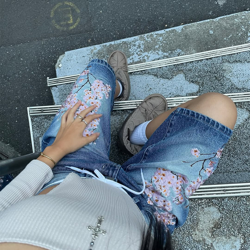 Evokyn Embroidered White Sakura Blossom Floral Denim Shorts