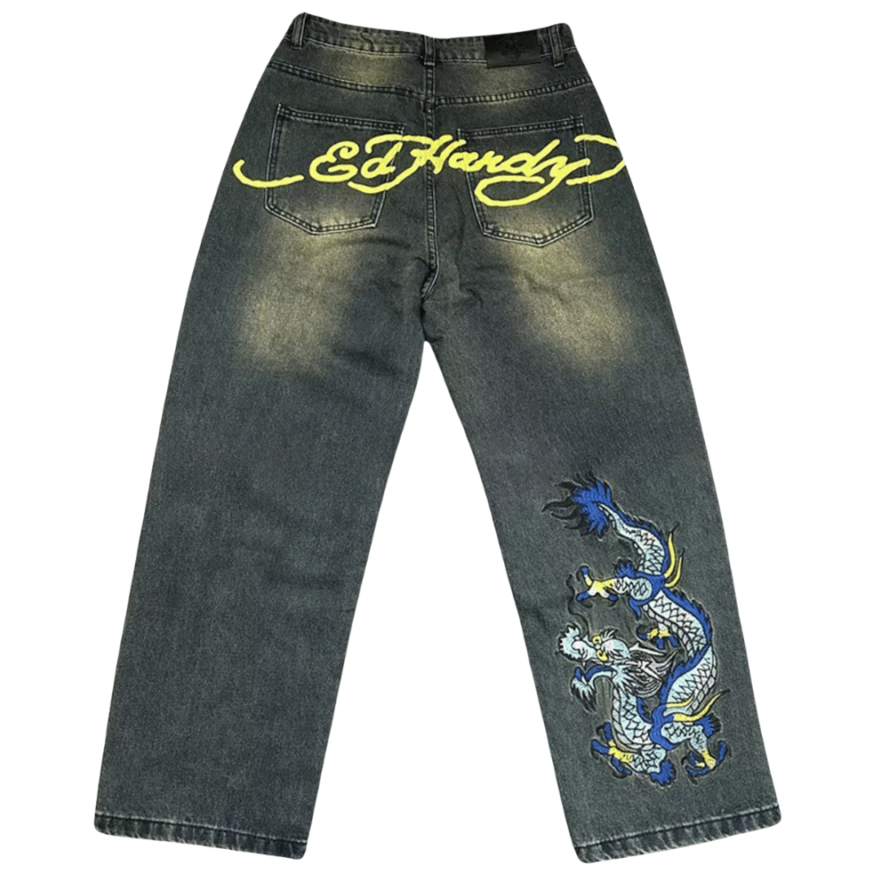 Embroidered Ed Hardy Jeans with Blue Dragon Patch