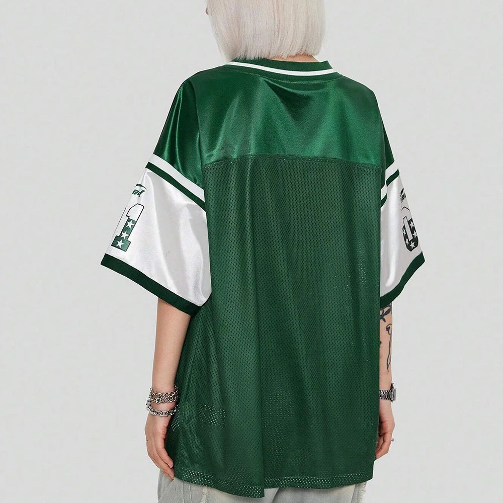 Evokyn Green Star Print V-Neck Mesh Jersey T-Shirt