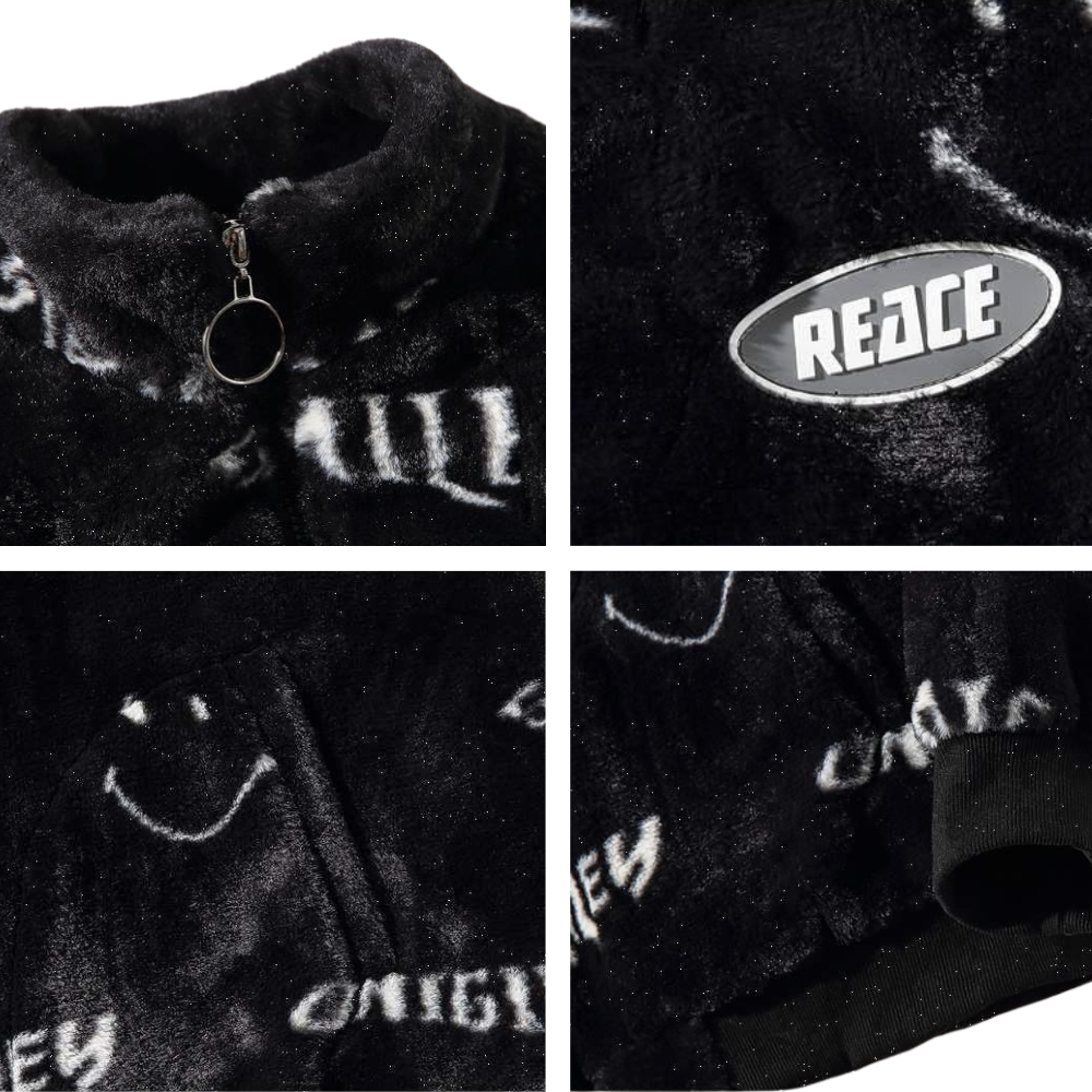 OOC' Smiley Face Lettering Sherpa Coat