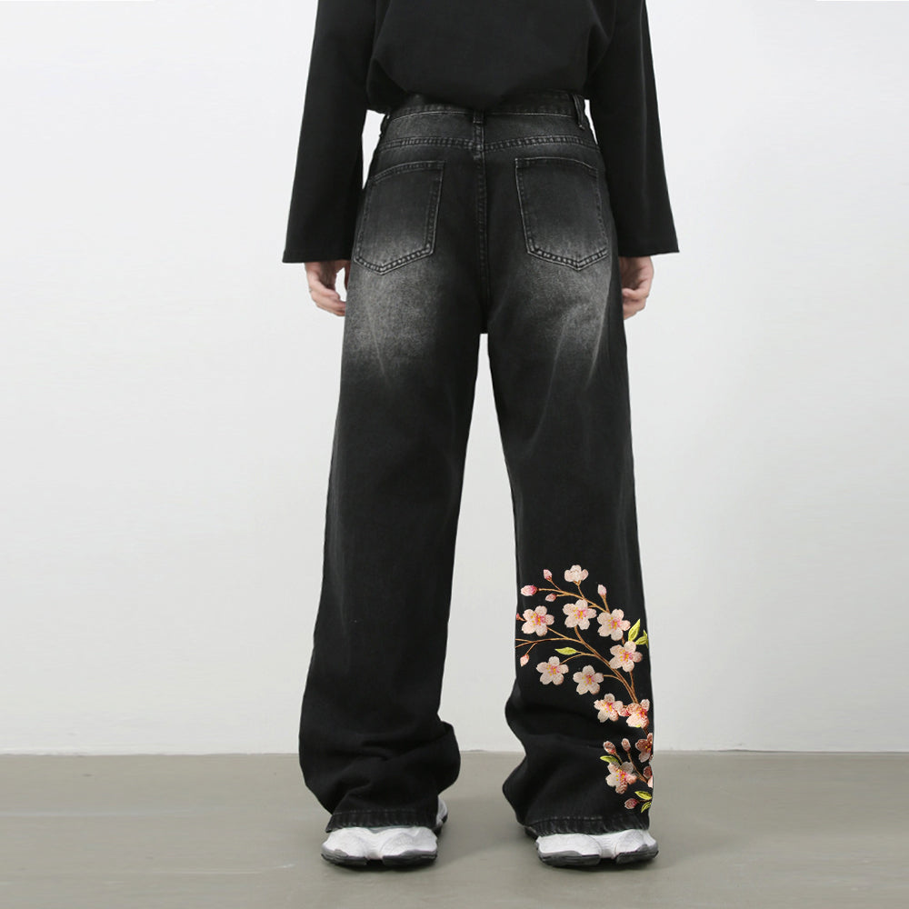 Evokyn Embroidered Pink Sakura Floral Jeans