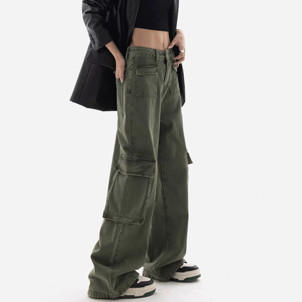 Women's Retro Army Green High Waist Cargo Pants