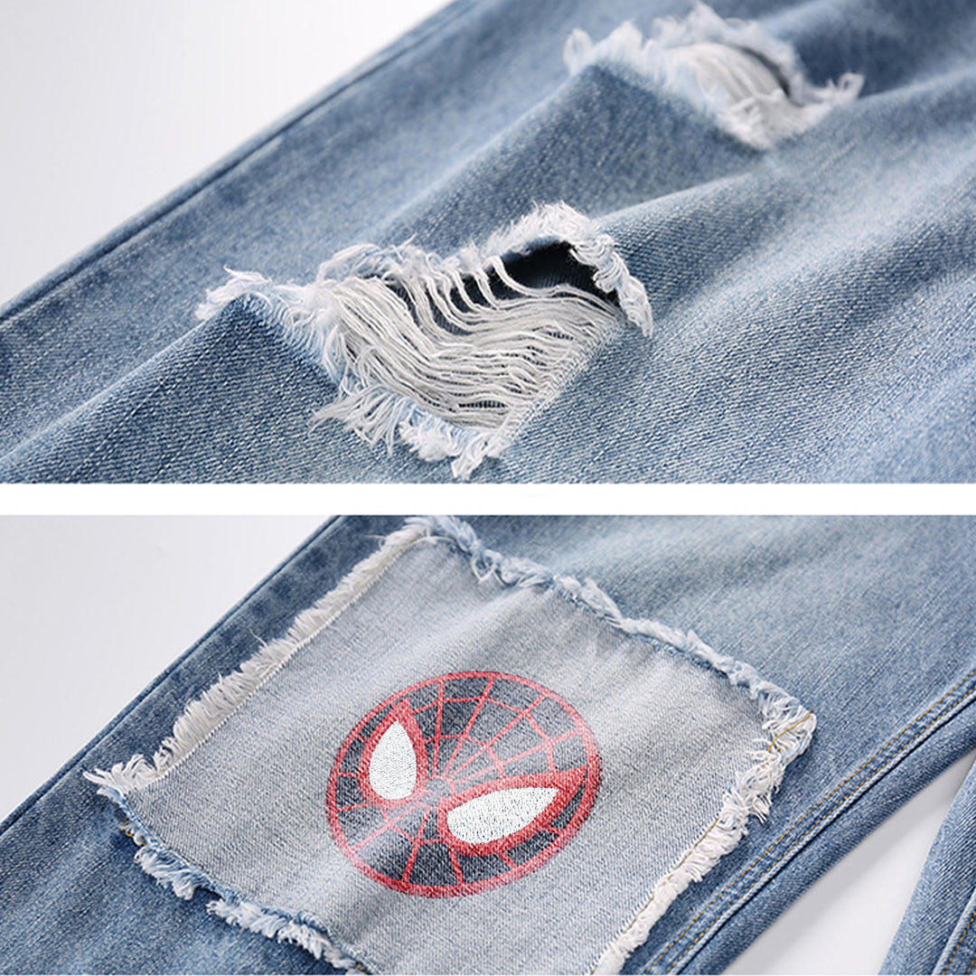 Distressed Embroidered Denim Jeans with Spiderman Patch