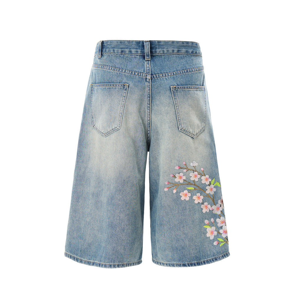 Evokyn Embroidered Pink Sakura Floral Baggy Shorts