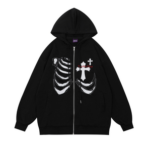 Street Skeleton Cross Embroidered Hoodie