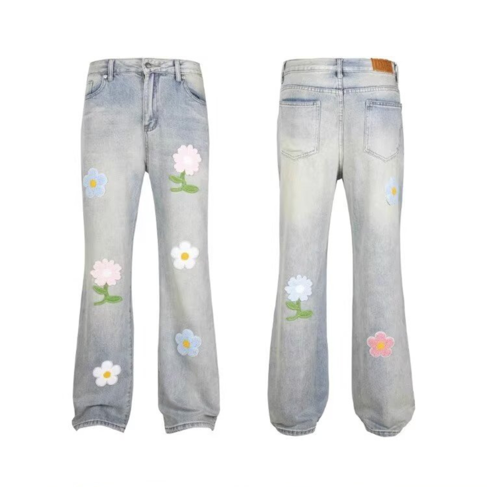 Colored Sun Floral Embroidered Jeans