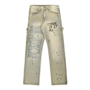 Distressed Splash-Ink Embroidered Jeans