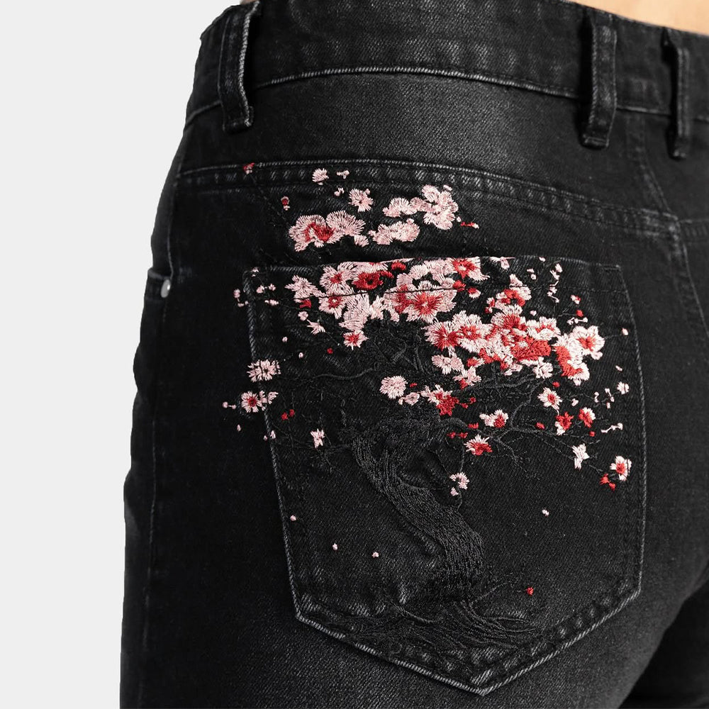 Evokyn Embroidered Pink Sakura Blossom Black Denim Jean