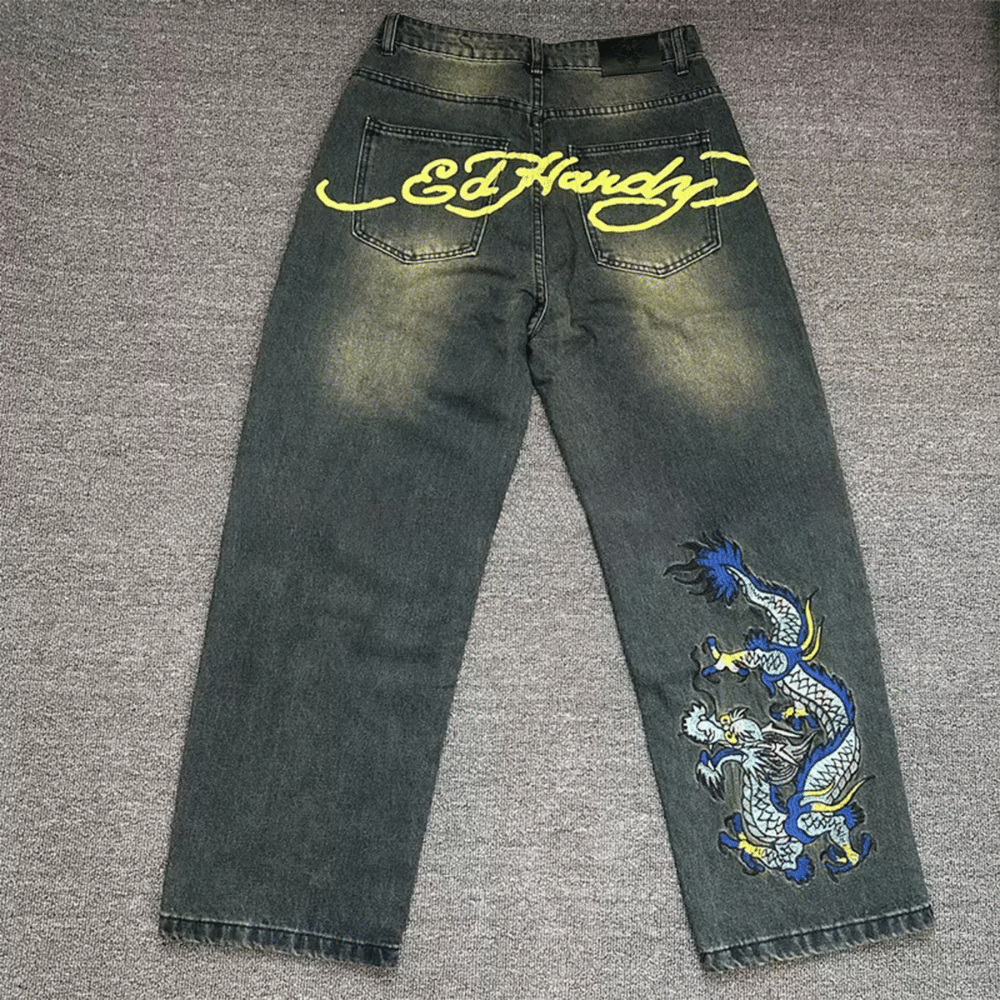 Embroidered Ed Hardy Jeans with Blue Dragon Patch