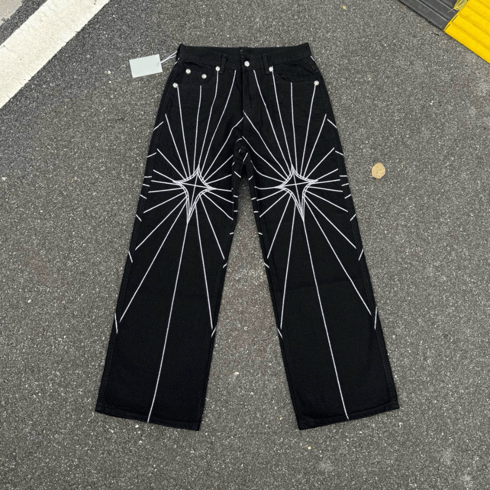 Y2K Embroidered Baggy Jeans with White Starburst Pattern