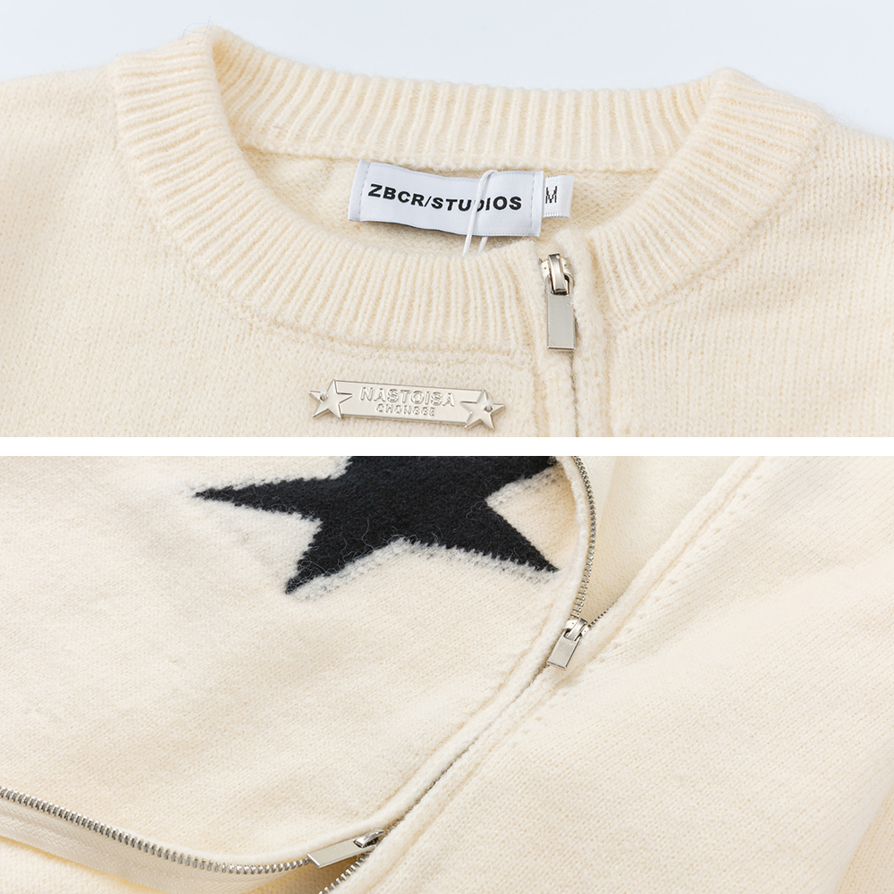 Solid Color Star Zipper  Pullover Sweater