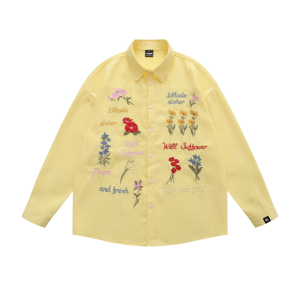 Retro Waffle Colored Floral Embroidered Longsleeve Shirt