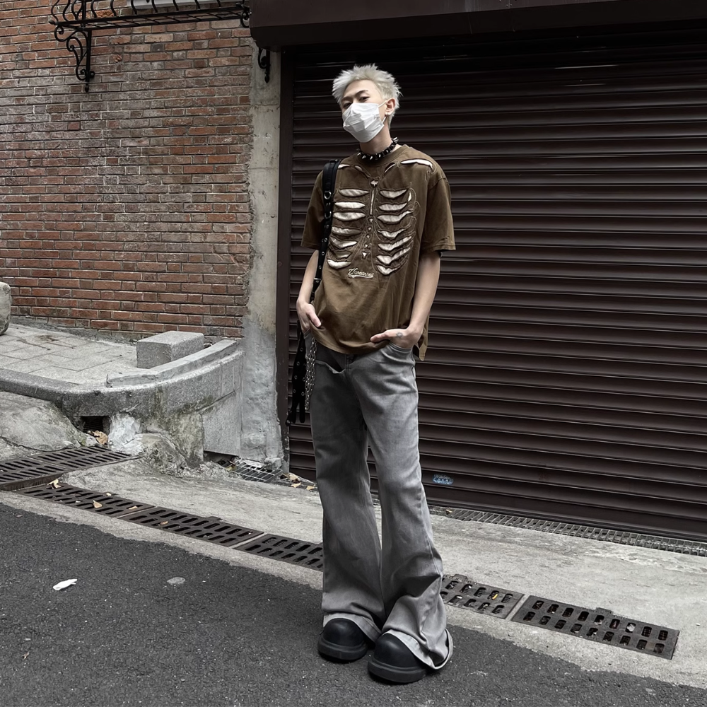 Retro Skeleton Hole Embroidery Oversize T-shirt