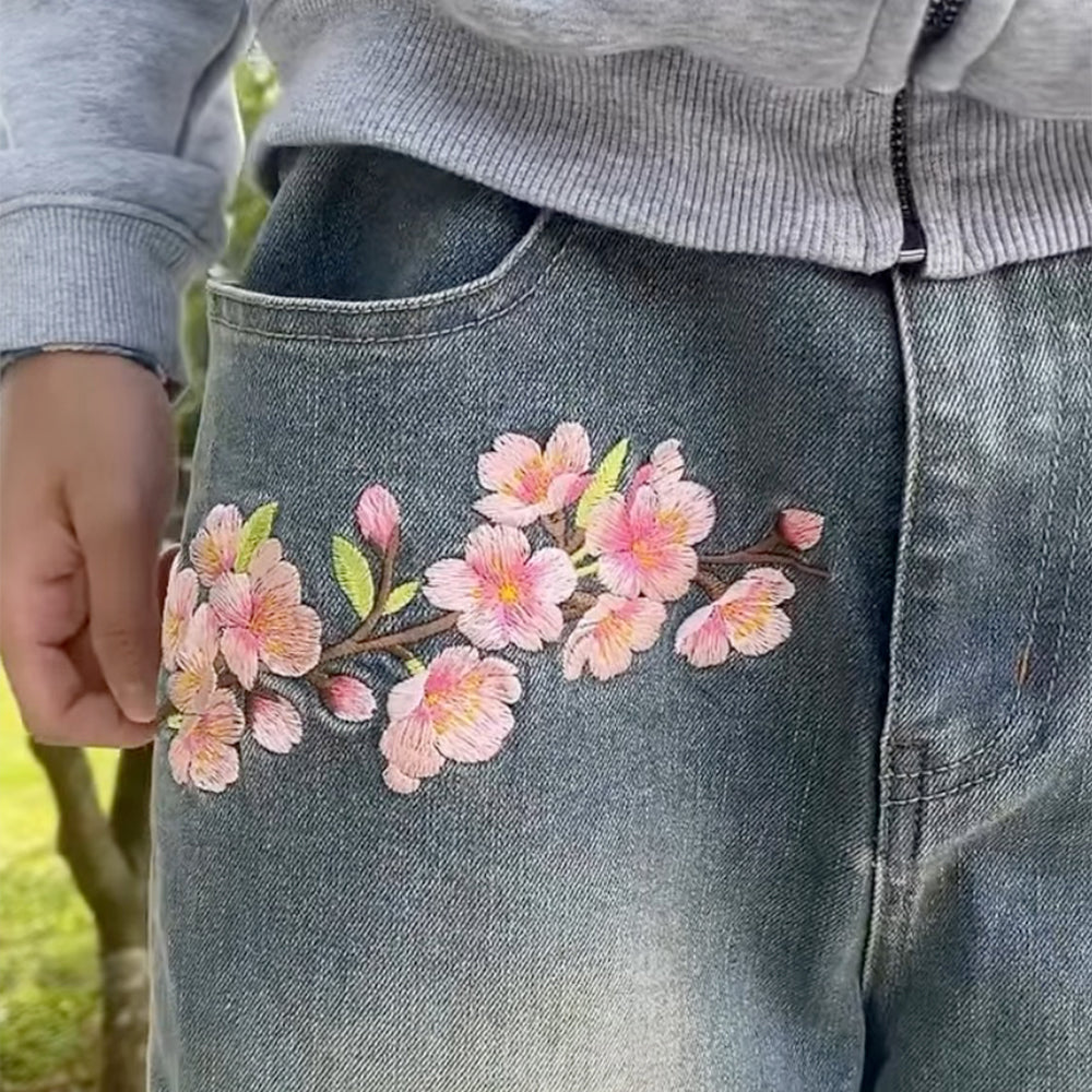 Evokyn Embroidered Pink Sakura Floral Jeans