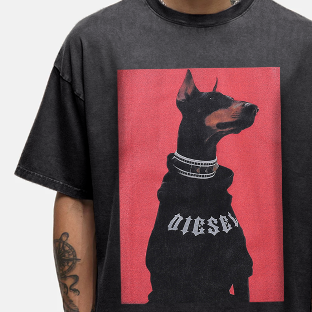 Collar Sweatshirt Doberman Pinscher Washed T-Shirt
