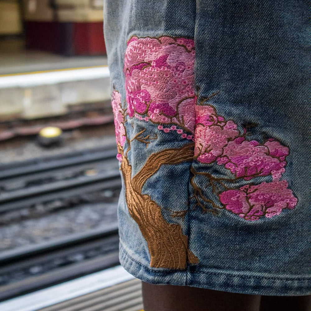 Evokyn Embroidered Denim Shorts with Sakura Blossom Tree