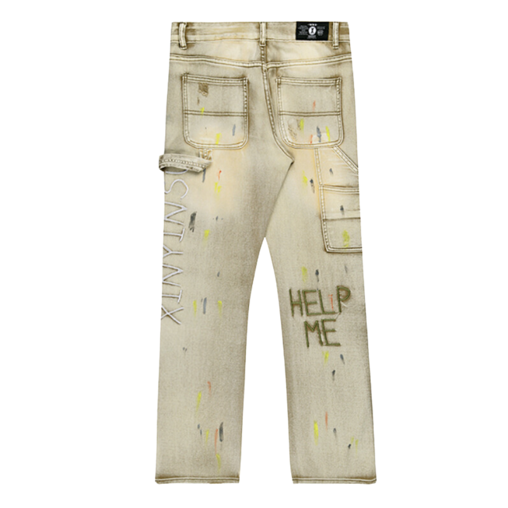 Distressed Splash-Ink Embroidered Jeans