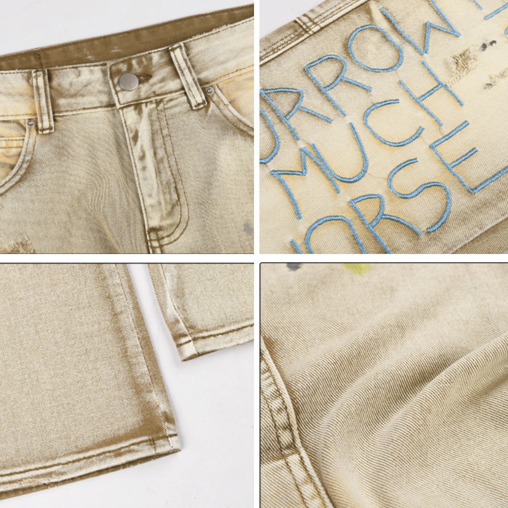 Distressed Splash-Ink Embroidered Jeans