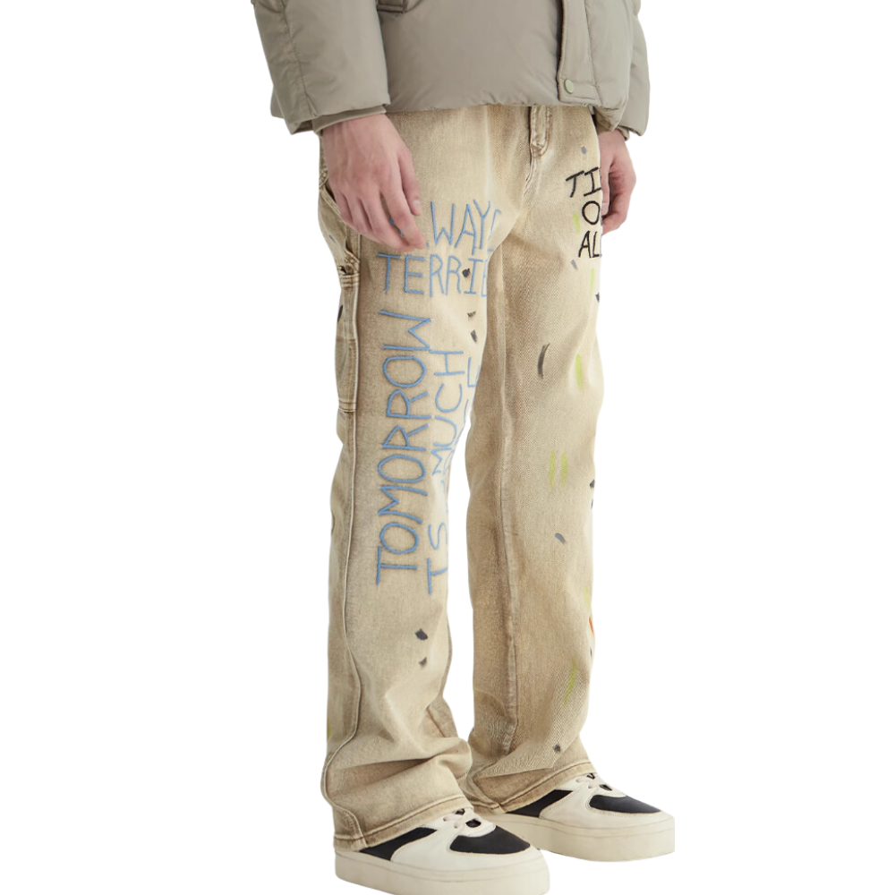 Distressed Splash-Ink Embroidered Jeans