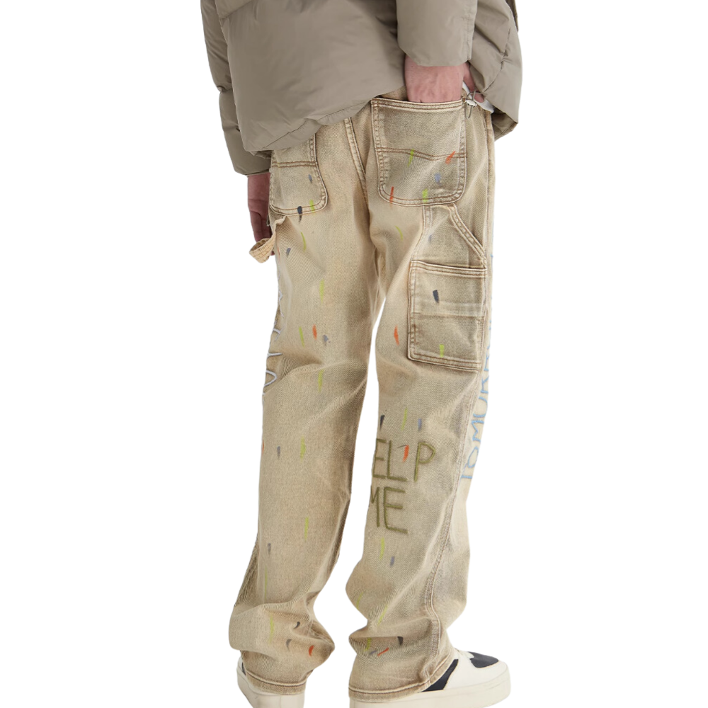 Distressed Splash-Ink Embroidered Jeans