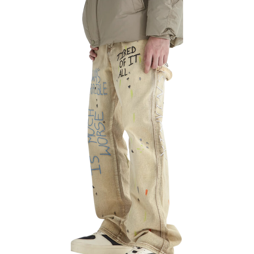 Distressed Splash-Ink Embroidered Jeans