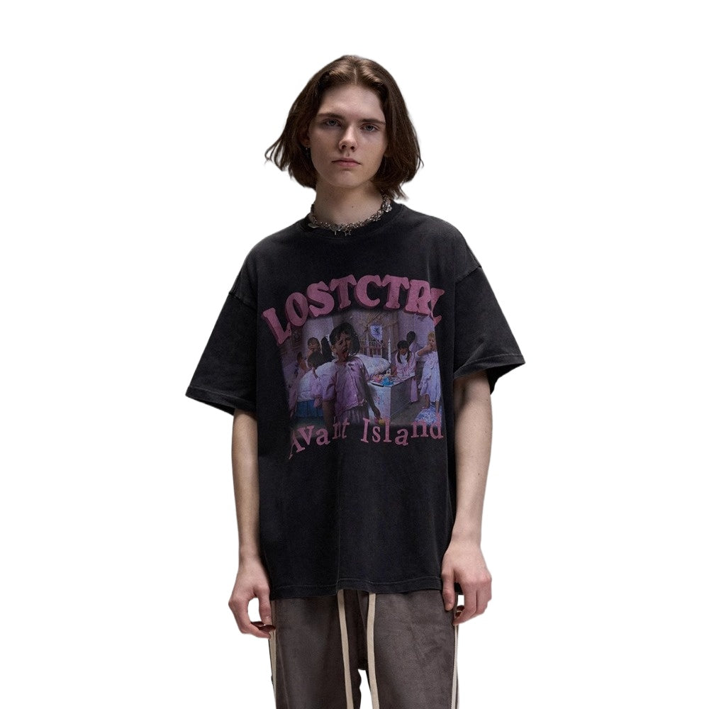 Street Philanthropist Personality Printing Washing Water Heavy Short Sleeve T-Shirt Men's Summer Loose T-Shirt