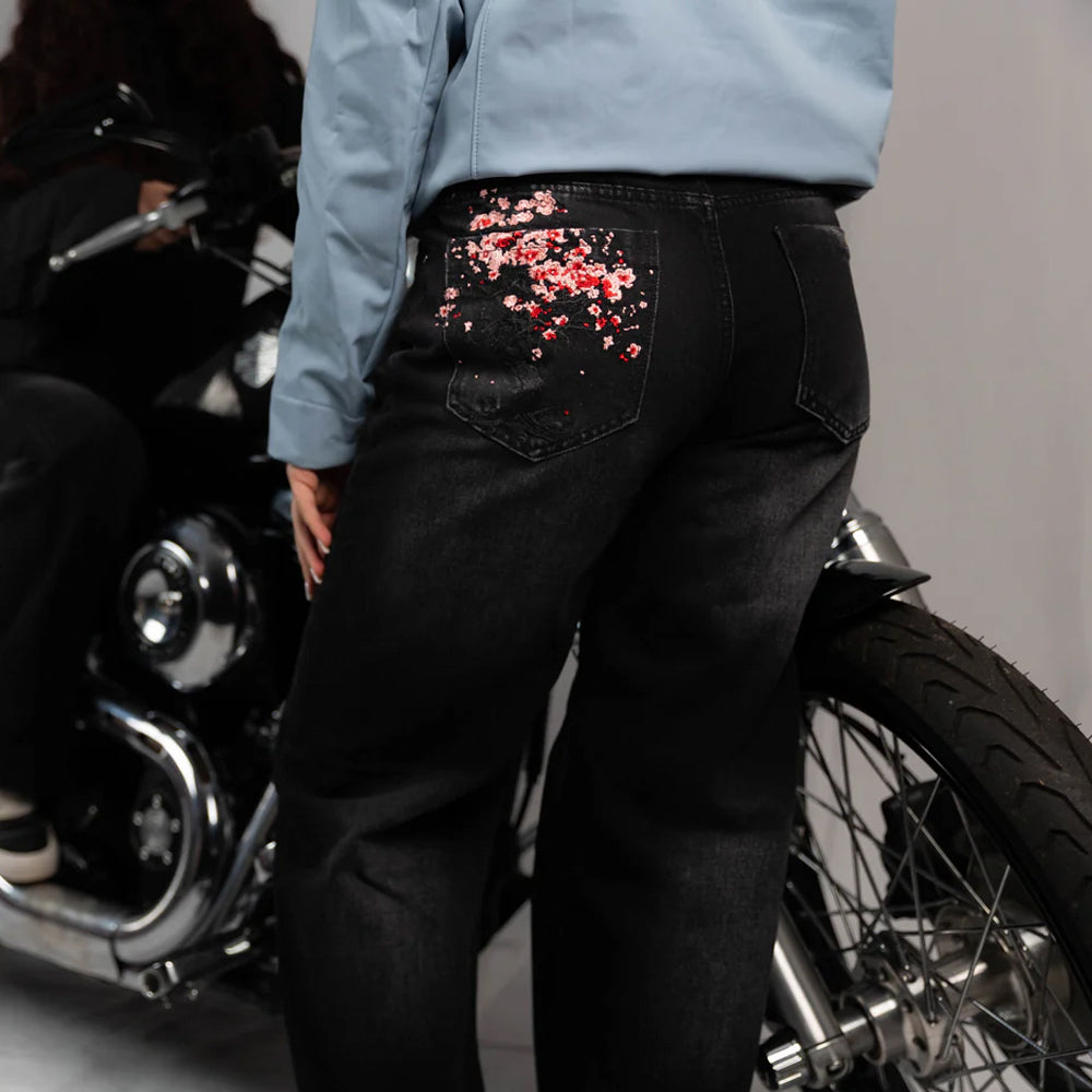 Evokyn Embroidered Pink Sakura Blossom Black Denim Jean
