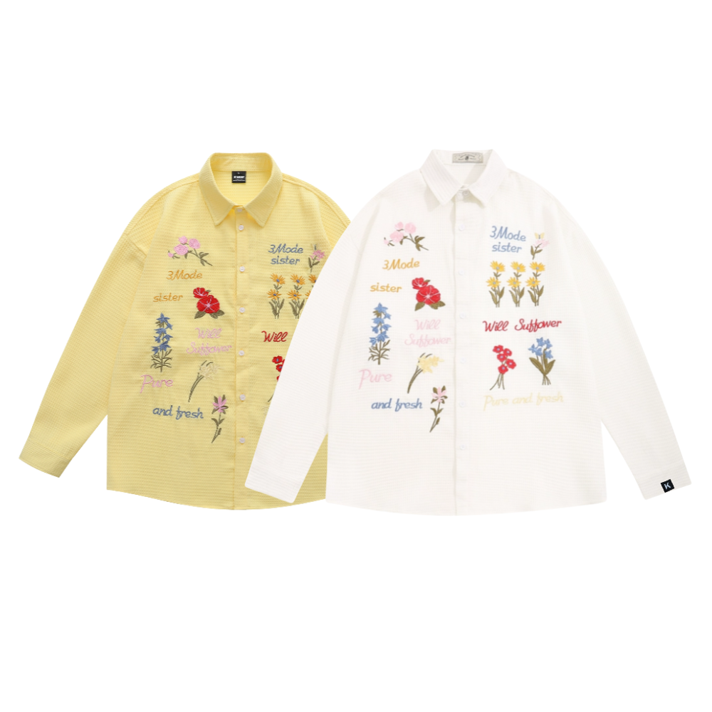 Retro Waffle Colored Floral Embroidered Longsleeve Shirt