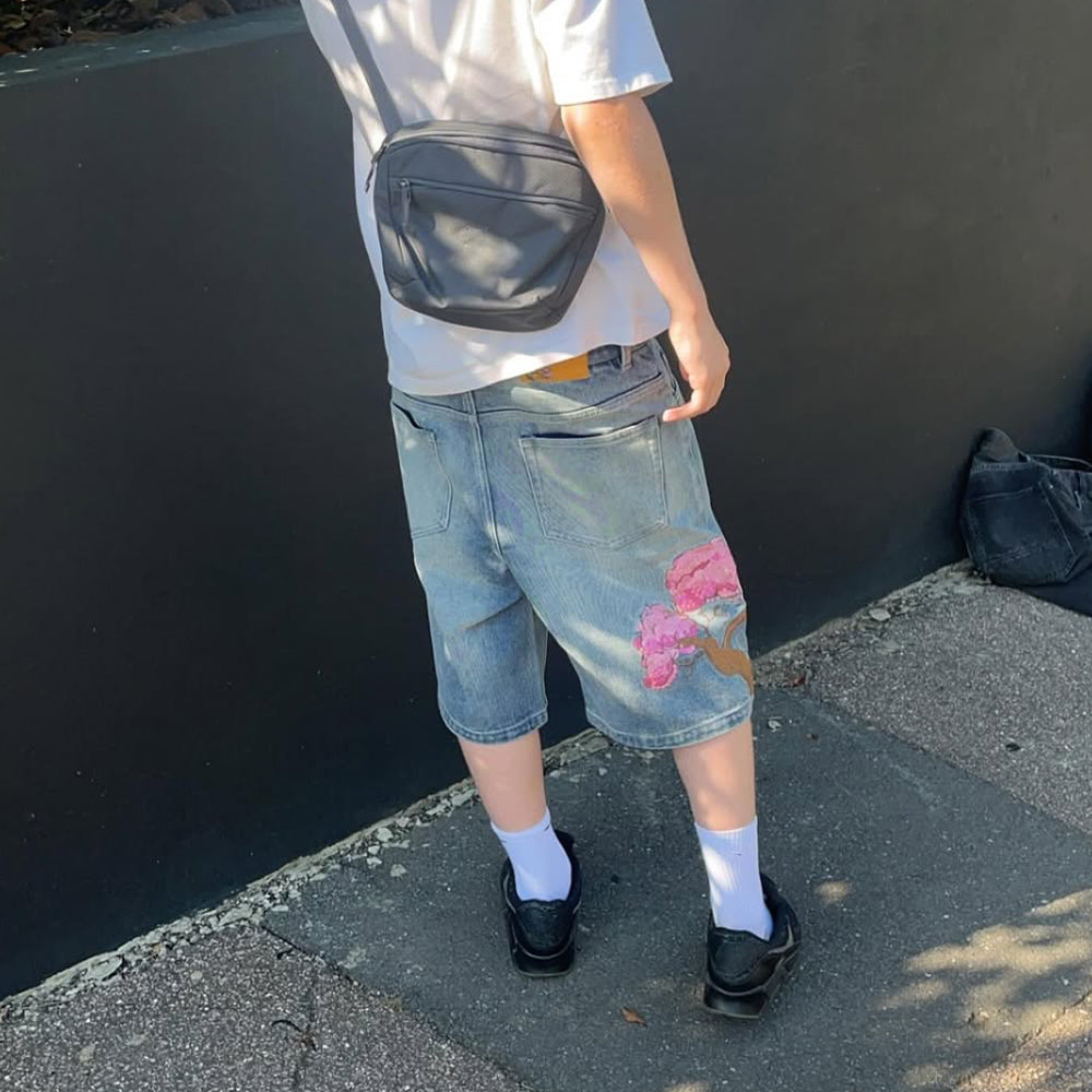 Evokyn Embroidered Denim Shorts with Sakura Blossom Tree
