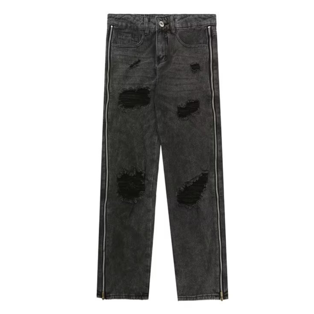 American High Street Loose Straight Zipper Slit Ripped Jeans | AOKLOK ...