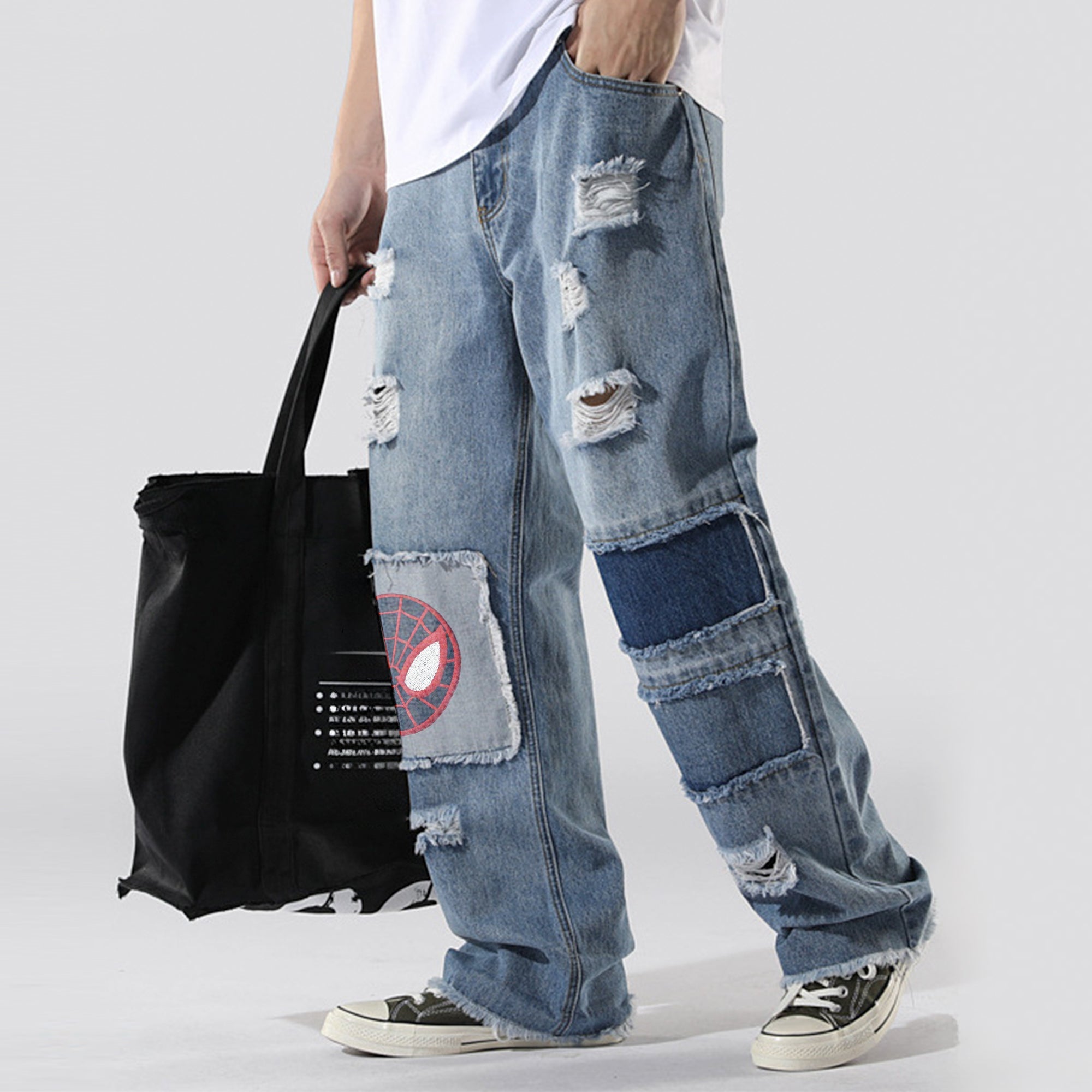 Distressed Embroidered Denim Jeans with Spiderman Patch