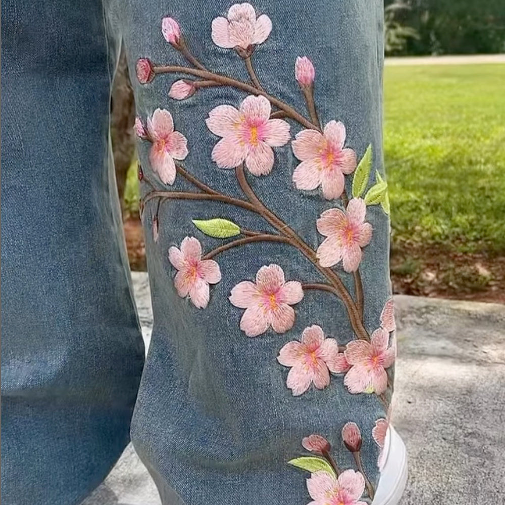 Evokyn Embroidered Pink Sakura Floral Jeans