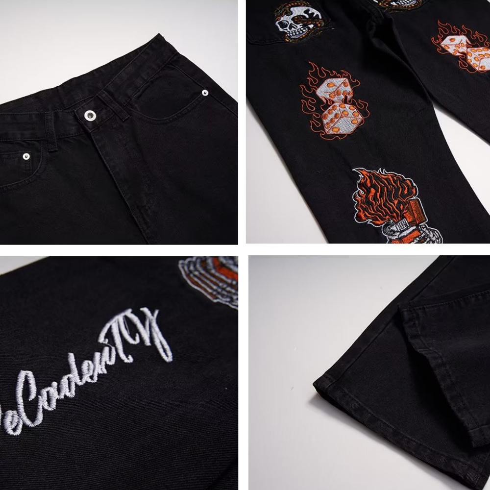 High Street Flame Skull Embroidered Jeans