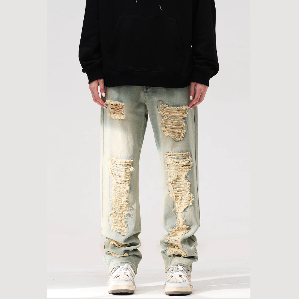 American Retro Loose Straight Washed Old Patch Ripped Jeans