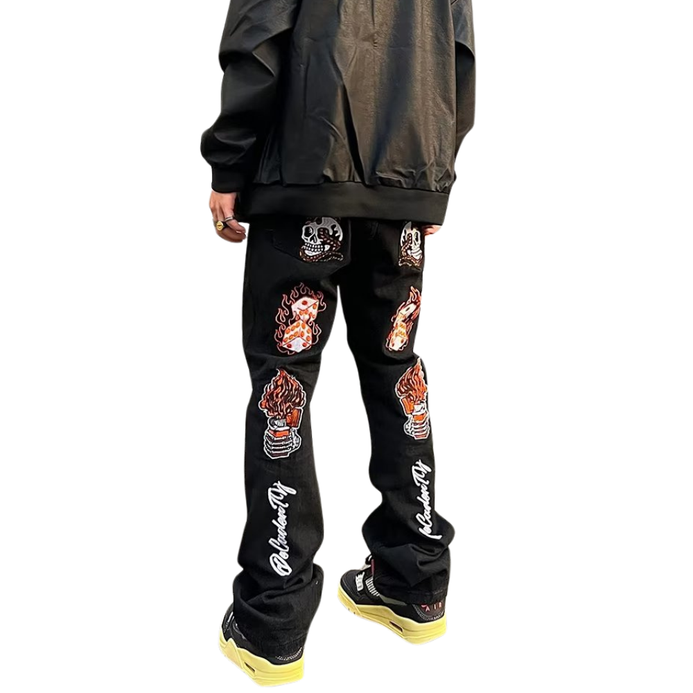 High Street Flame Skull Embroidered Jeans