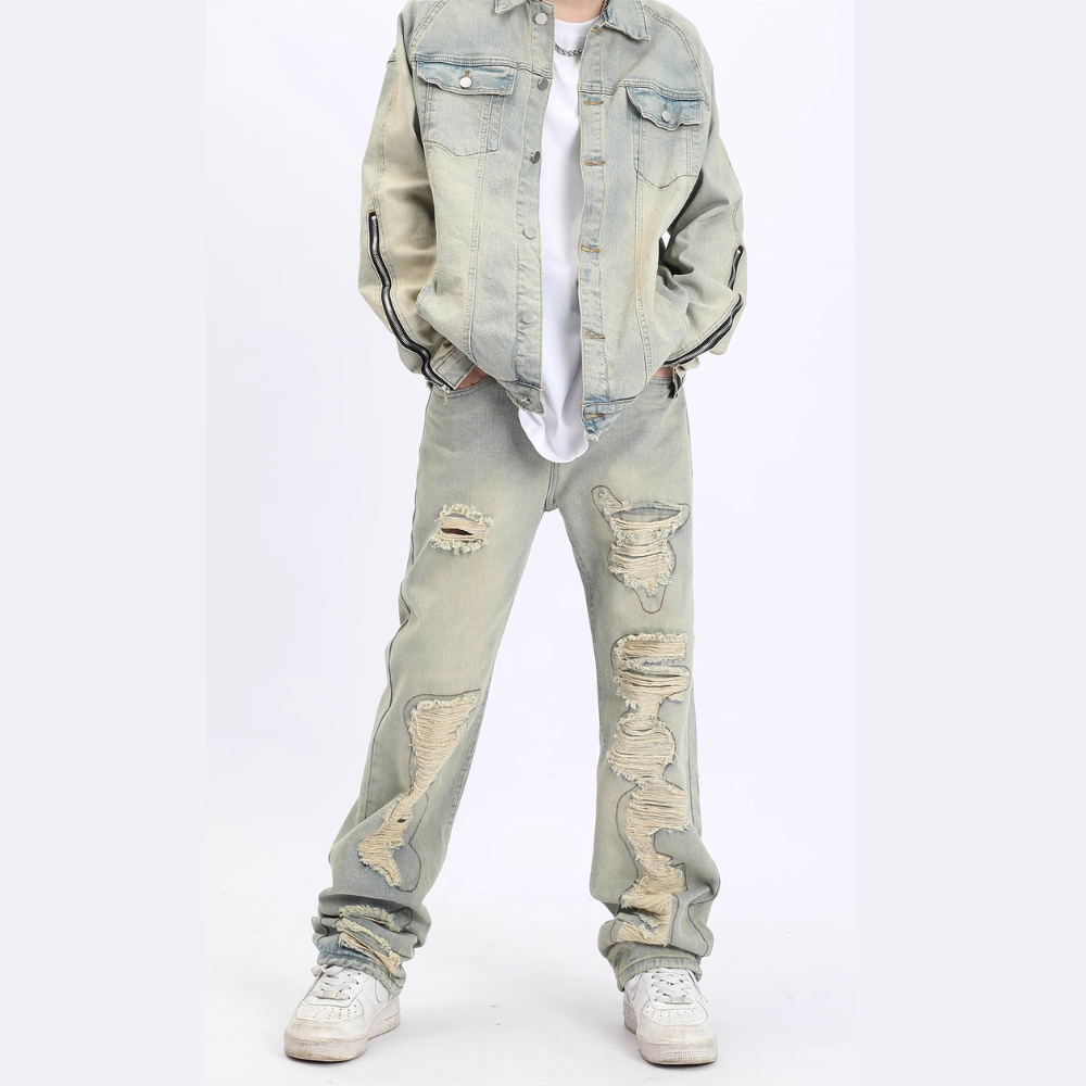 American Retro Loose Straight Washed Old Patch Ripped Jeans