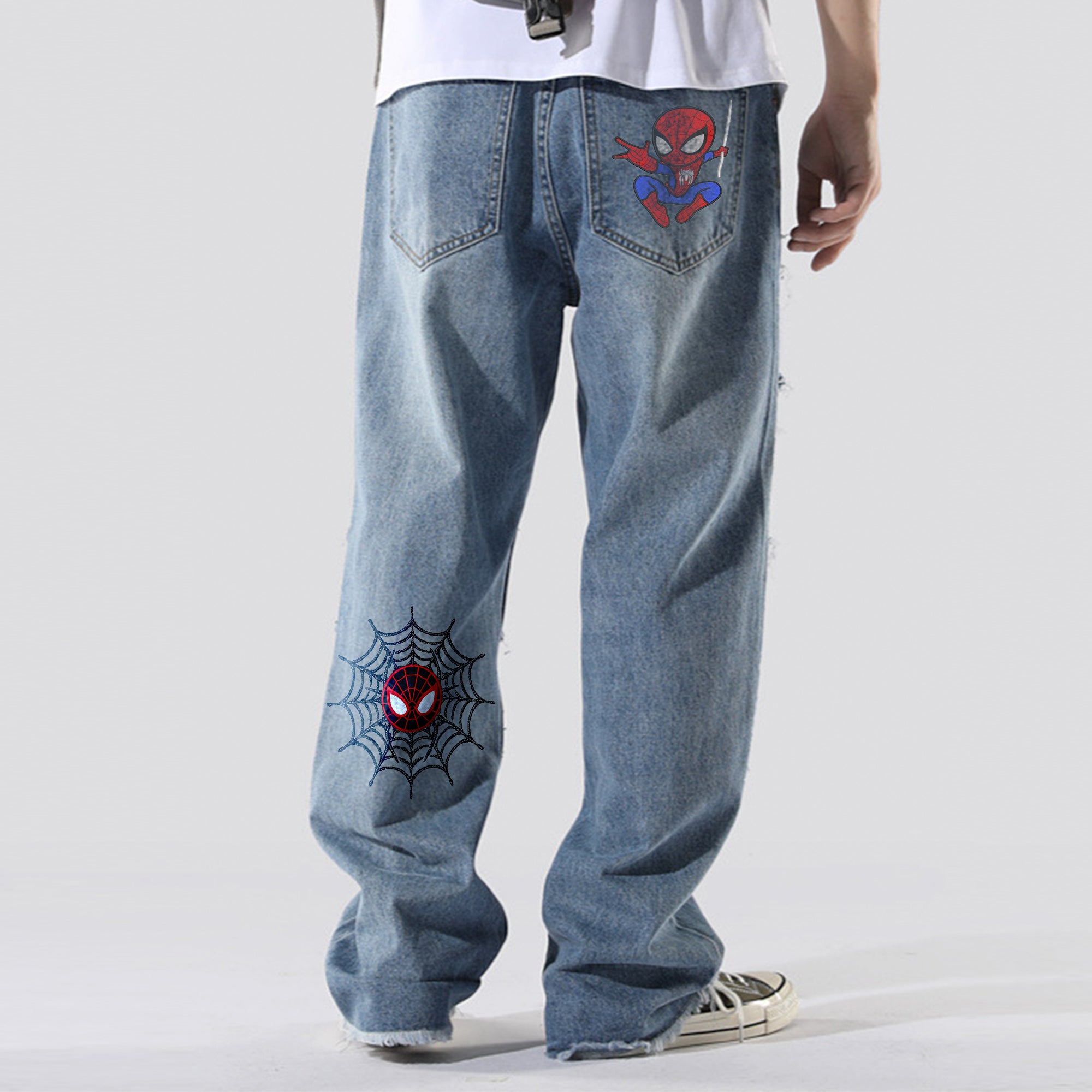 Distressed Embroidered Denim Jeans with Spiderman Patch