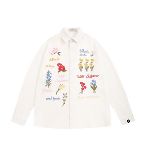 Retro Waffle Colored Floral Embroidered Longsleeve Shirt